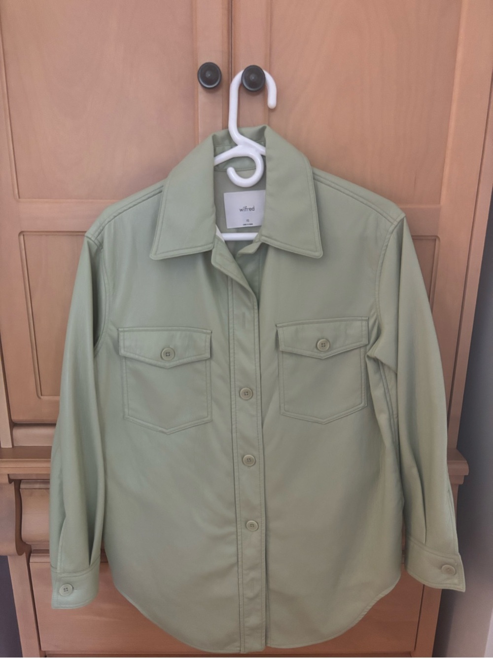 Wilfred Sage Green Utility Jacket with Chest Pockets and mini skirt